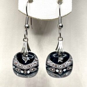 Cute Black Gray Murano Glass Beaded Silvertone Dangle Earrings Boho Unique